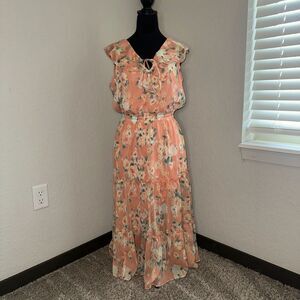 LC Lauren Conrad Maxi Dress Women's Medium Peach Floral Lined Ruffle Tiered